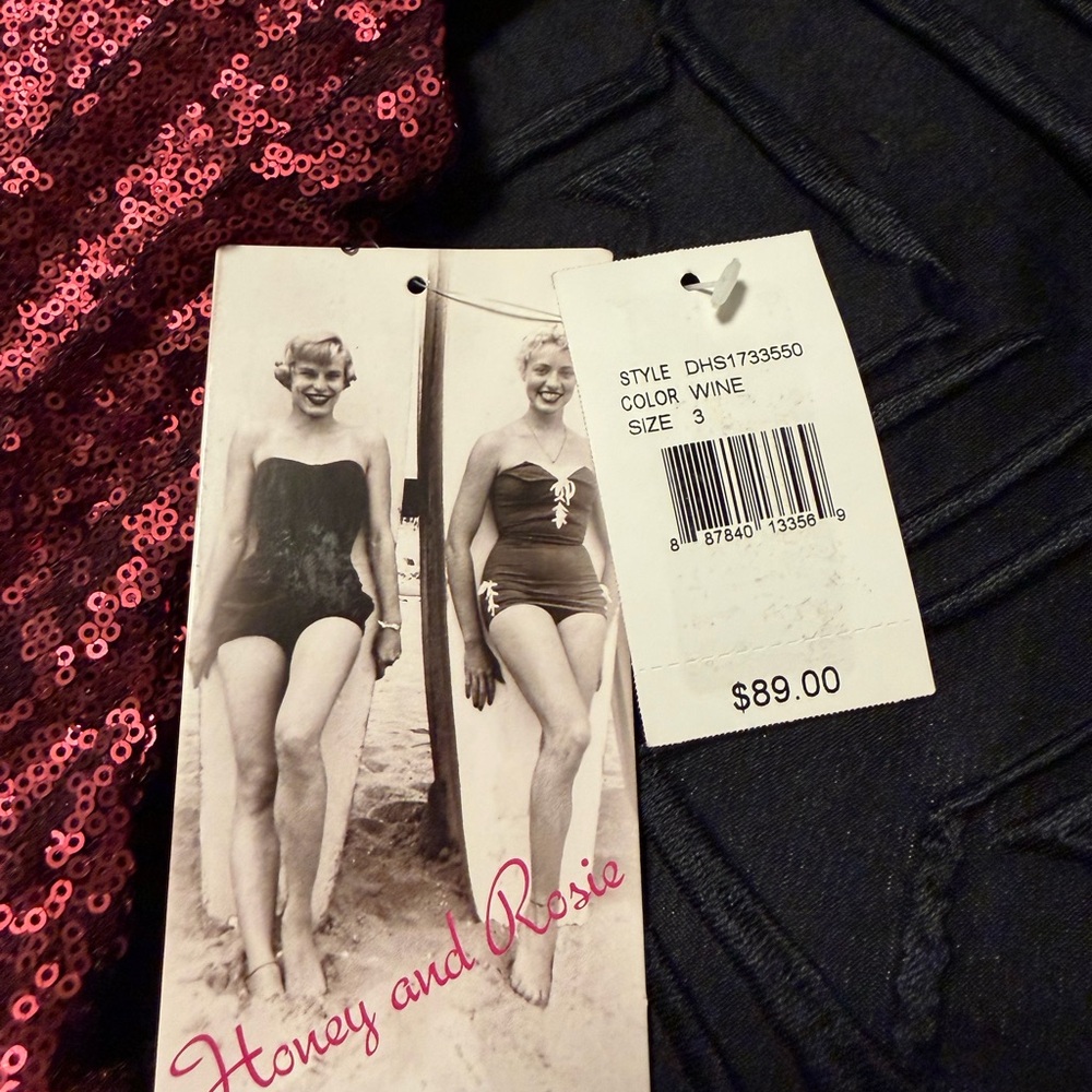 Honey and Rosie Wine Sequin Fit & Flare Dress Size S | Shown on M Model - Picture 8 of 9